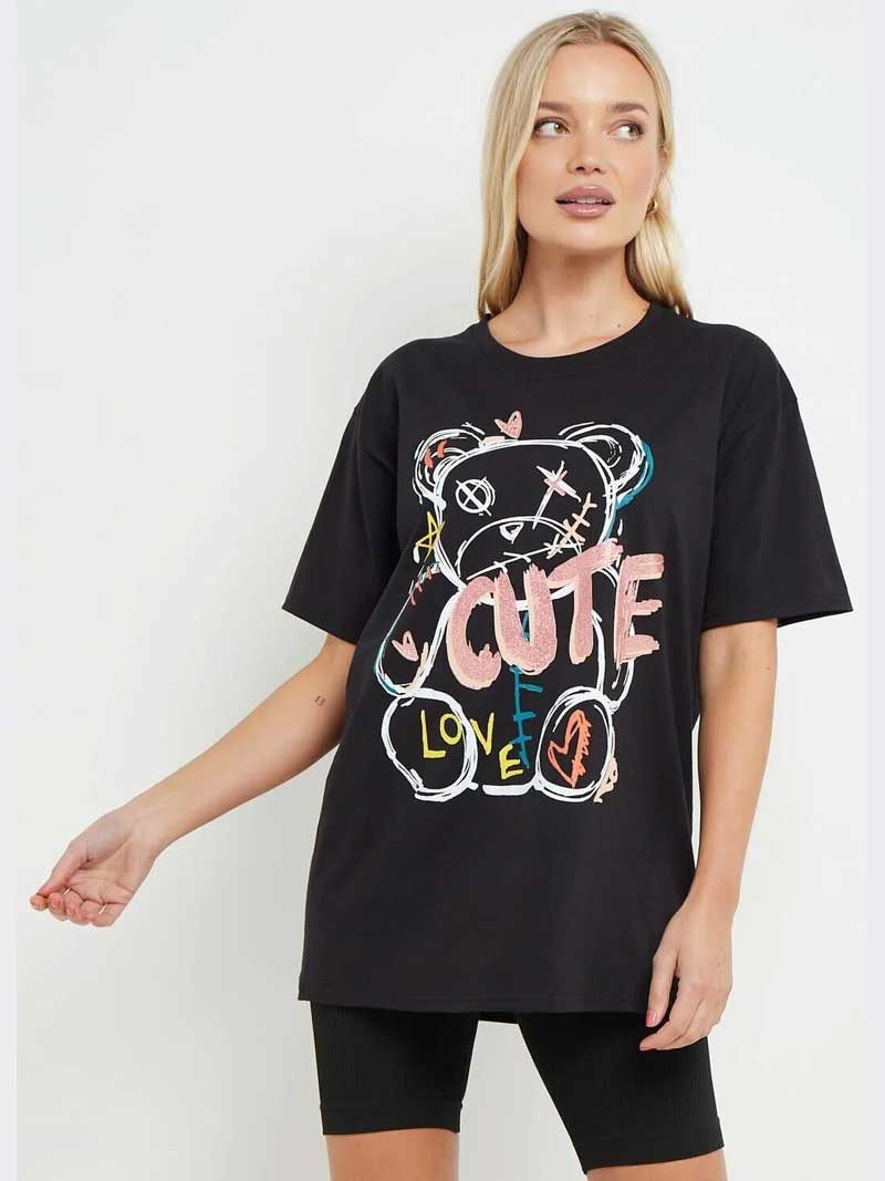 Womens Cute Teddy Slogan Print Oversize T-Shirt - Remzs Fashion