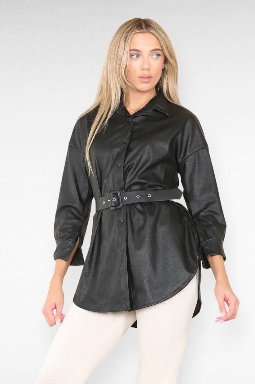 Women’s Faux Leather Belted Shirt Ladies Italian Wet Look Button Up Top - Remzs Fashion