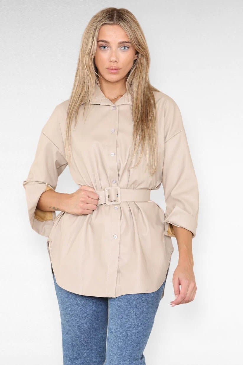 Women’s Faux Leather Belted Shirt Ladies Italian Wet Look Button Up Top - Remzs Fashion