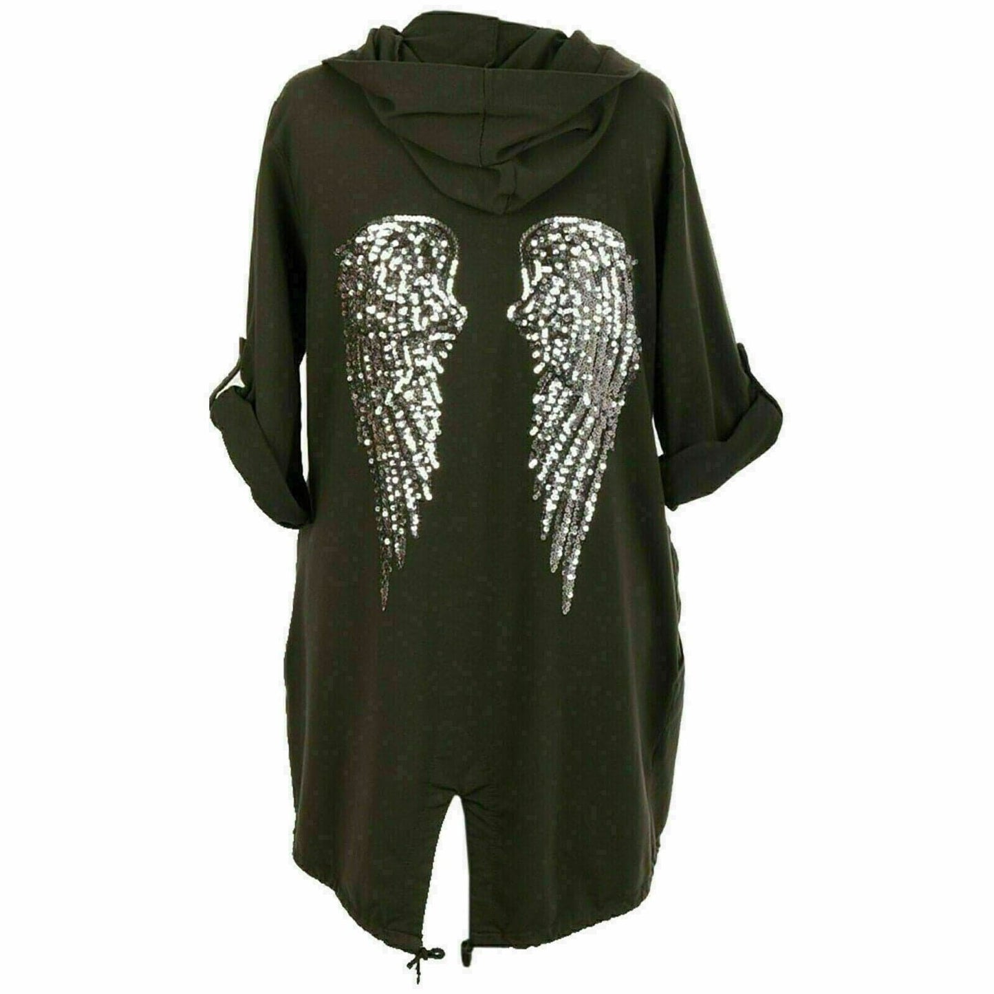 Women's Ladies Free Soul Sequin Angel Wings Longline Hooded Cardigan Jacket UK - Remzs Fashion