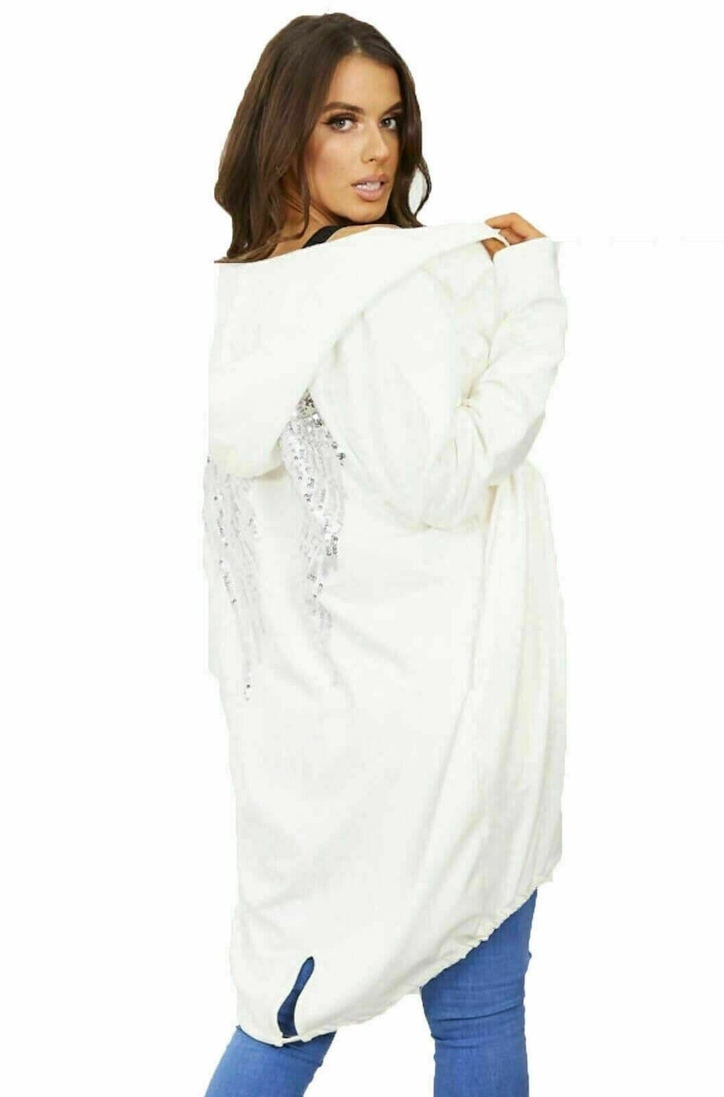 Women's Ladies Free Soul Sequin Angel Wings Longline Hooded Cardigan Jacket UK - Remzs Fashion