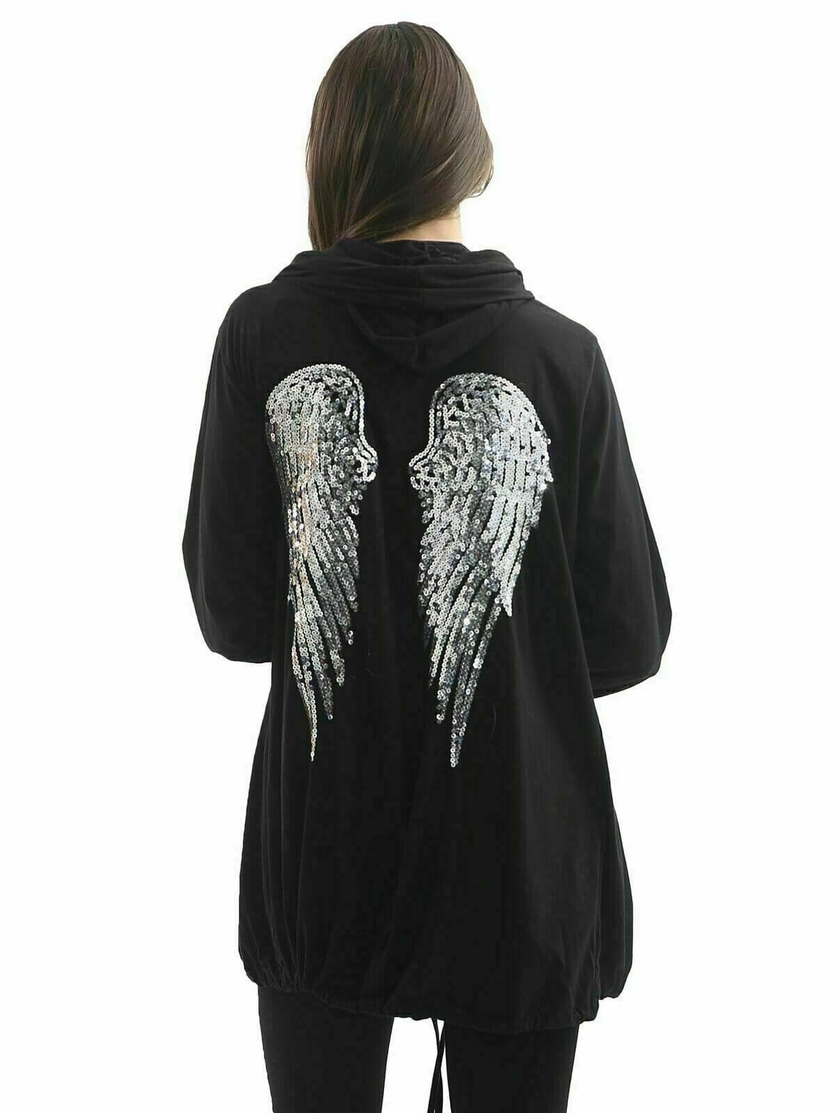 Women's Ladies Free Soul Sequin Angel Wings Longline Hooded Cardigan Jacket UK - Remzs Fashion