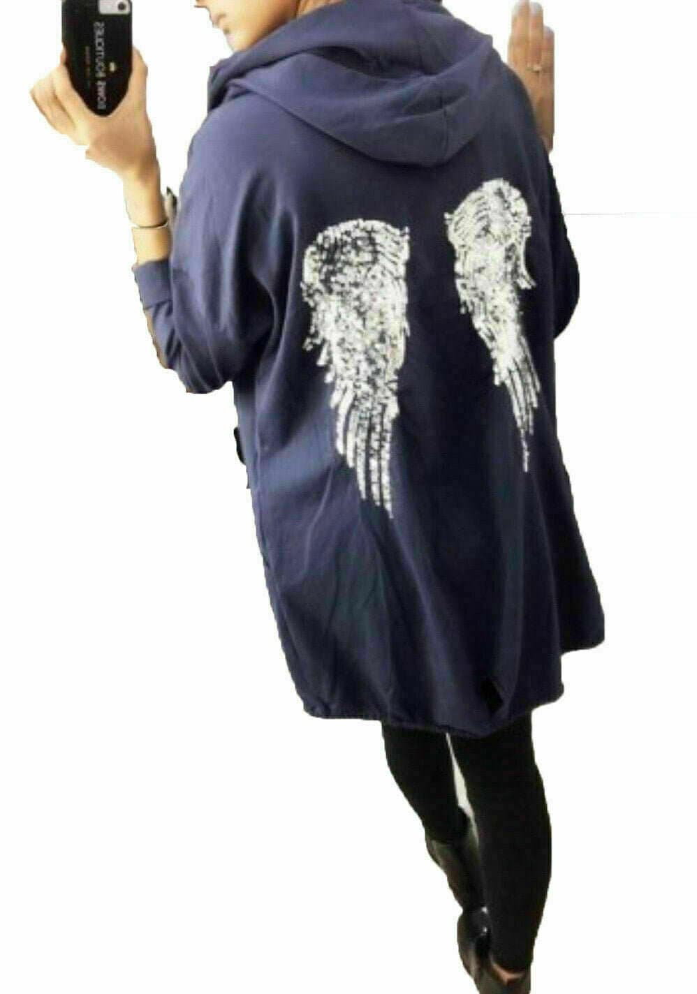 Women's Ladies Free Soul Sequin Angel Wings Longline Hooded Cardigan Jacket UK - Remzs Fashion