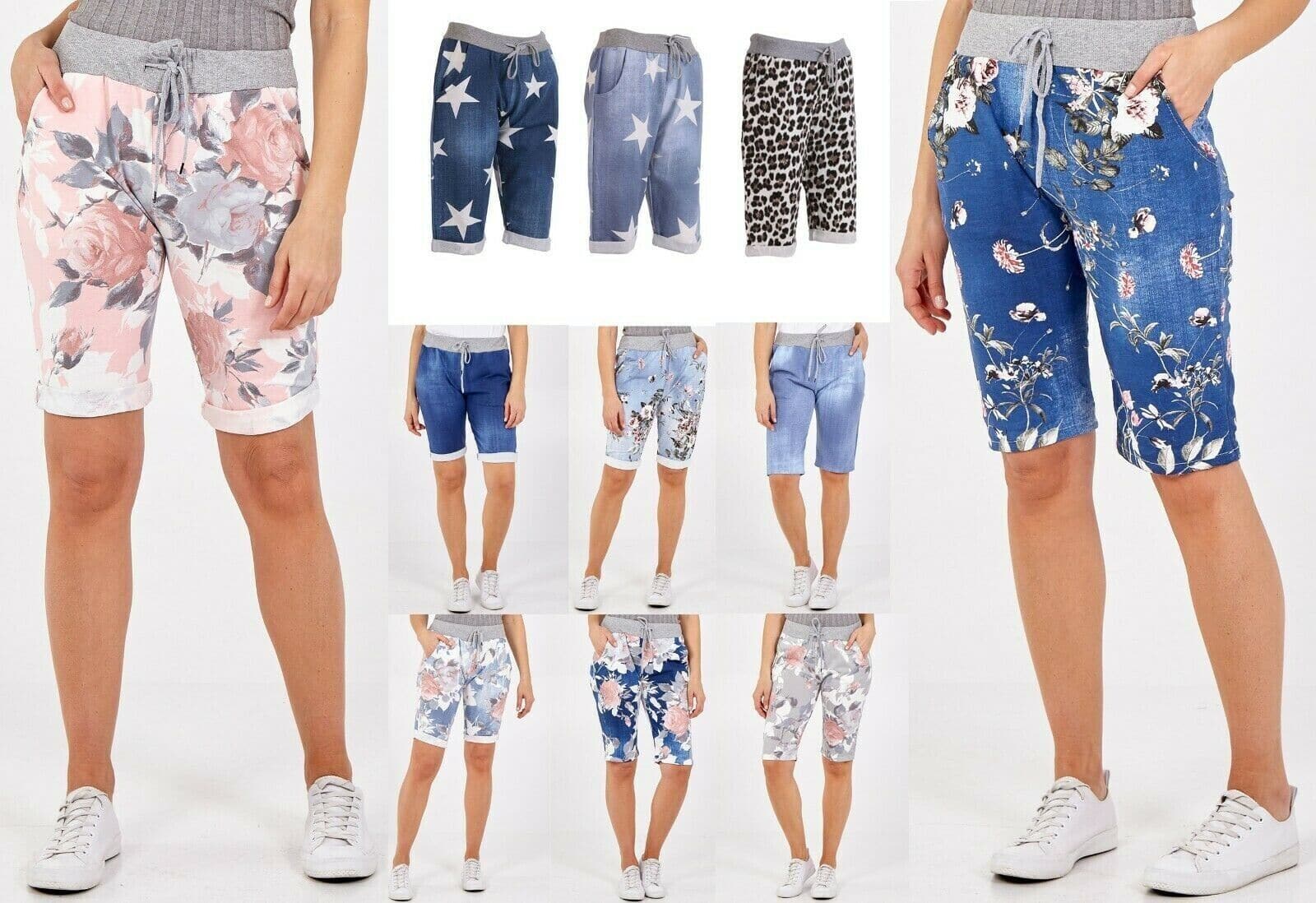 Women's Ladies Italian Floral Rose Printed Turn Up Summer Beach Shorts Pant New - Remzs Fashion