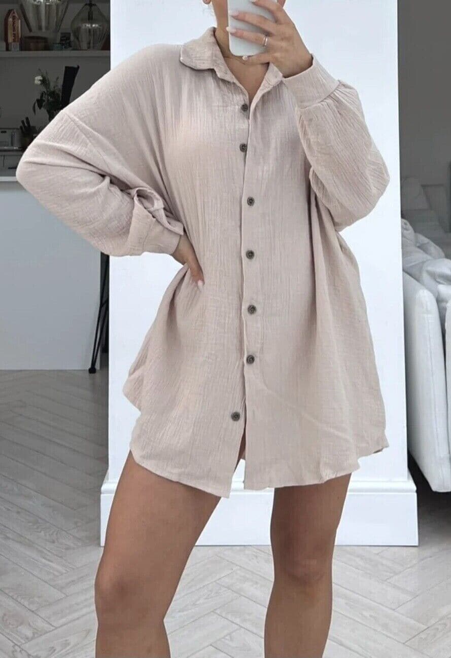 Women's Ladies Sequin Eye Button Up Oversized Summer Tunic Shirt Mini Dress Tops - Remzs Fashion