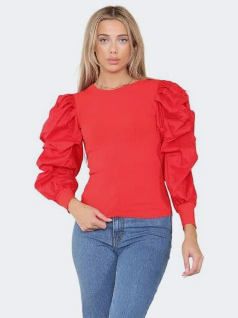 Women’s Puff Sleeve Rib Top - Remzs Fashion