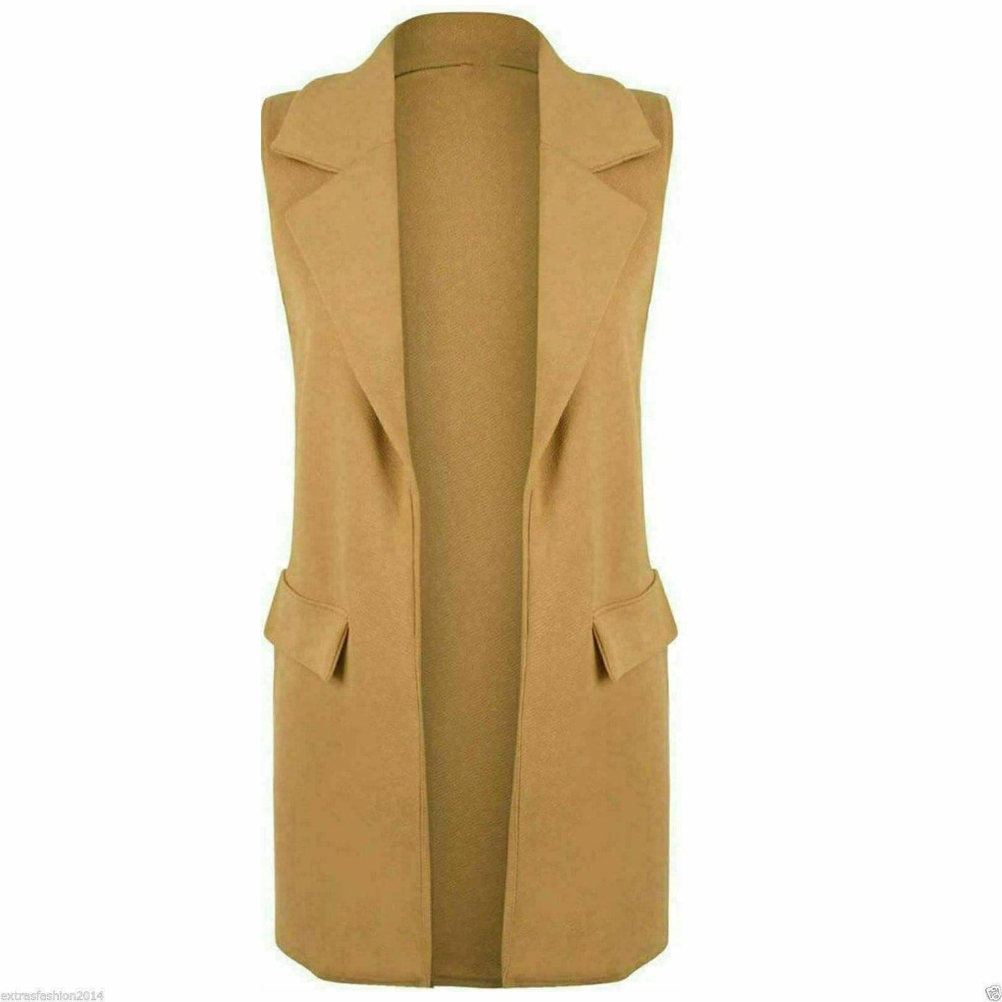 Women's Sleeveless Crepe Coat Mock Flap Pocket Waistcoat Duster Blazer Jacket - Remzs Fashion