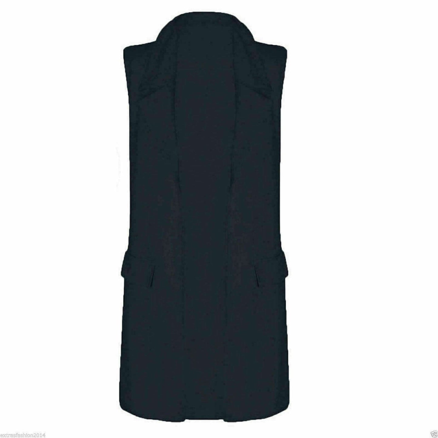 Women's Sleeveless Crepe Coat Mock Flap Pocket Waistcoat Duster Blazer Jacket - Remzs Fashion