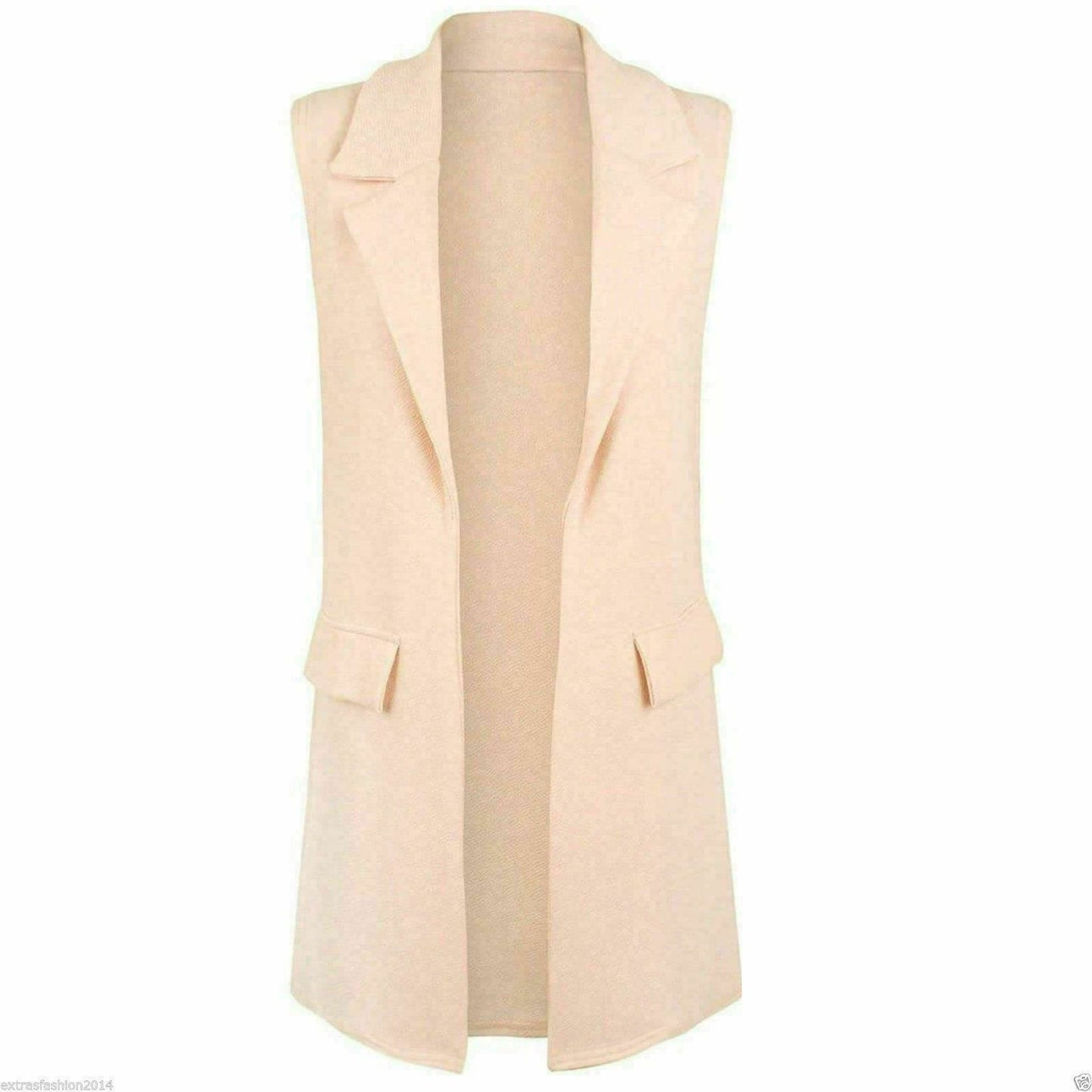 Women's Sleeveless Crepe Coat Mock Flap Pocket Waistcoat Duster Blazer Jacket - Remzs Fashion