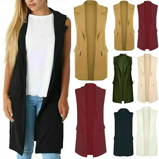 Women's Sleeveless Crepe Coat Mock Flap Pocket Waistcoat Duster Blazer Jacket - Remzs Fashion