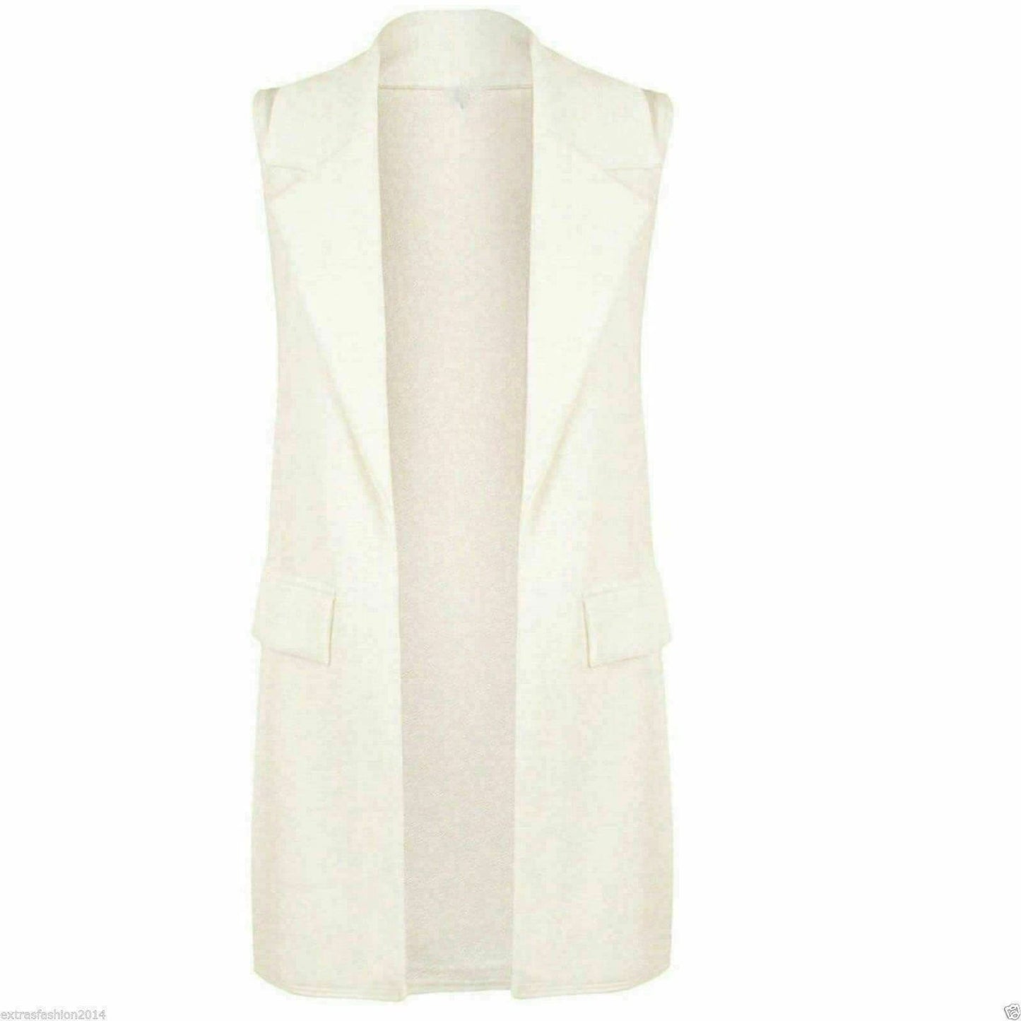 Women's Sleeveless Crepe Coat Mock Flap Pocket Waistcoat Duster Blazer Jacket - Remzs Fashion