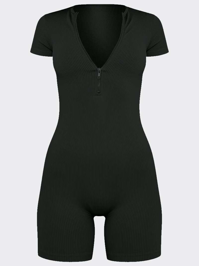 Women's Snatched Rib Short Sleeve Zip Front Unitard - Remzs Fashion