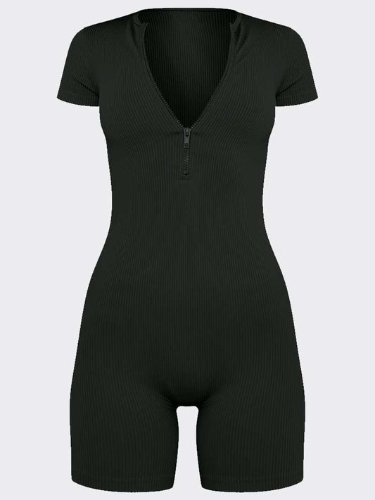 Women's Snatched Rib Short Sleeve Zip Front Unitard - Remzs Fashion