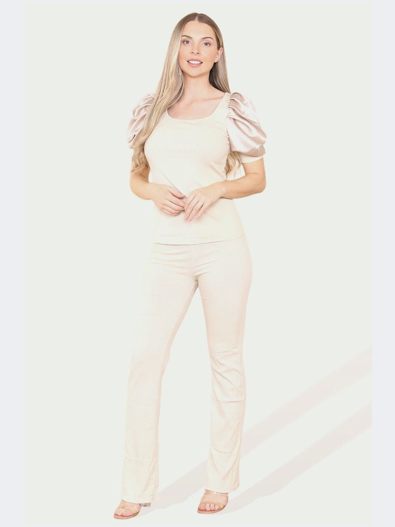 Women’s Stain Puff Sleeve Top and Bottom Trouser Loungewear Suit - Remzs Fashion