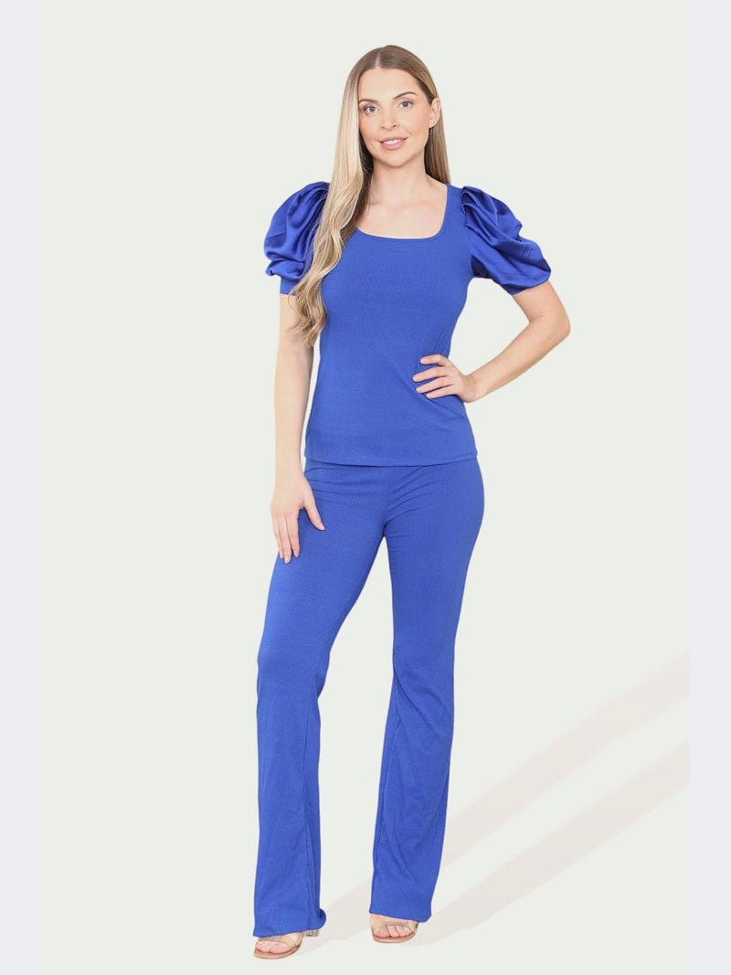 Women’s Stain Puff Sleeve Top and Bottom Trouser Loungewear Suit - Remzs Fashion