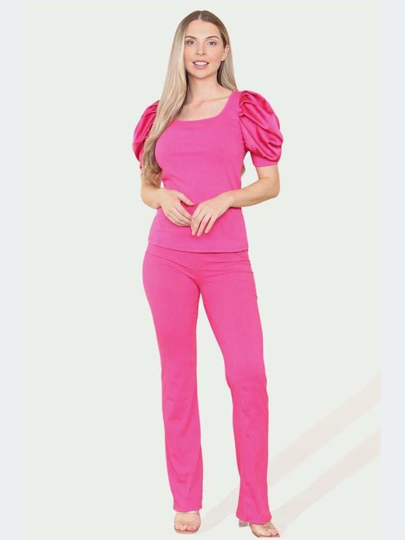 Women’s Stain Puff Sleeve Top and Bottom Trouser Loungewear Suit - Remzs Fashion