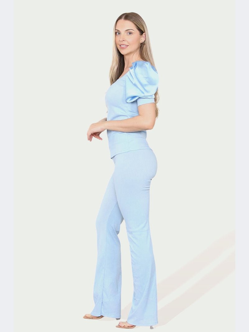 Women’s Stain Puff Sleeve Top and Bottom Trouser Loungewear Suit - Remzs Fashion