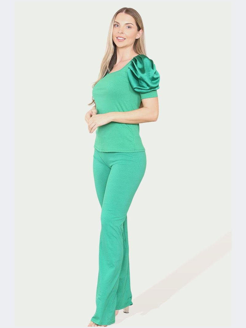 Women’s Stain Puff Sleeve Top and Bottom Trouser Loungewear Suit - Remzs Fashion