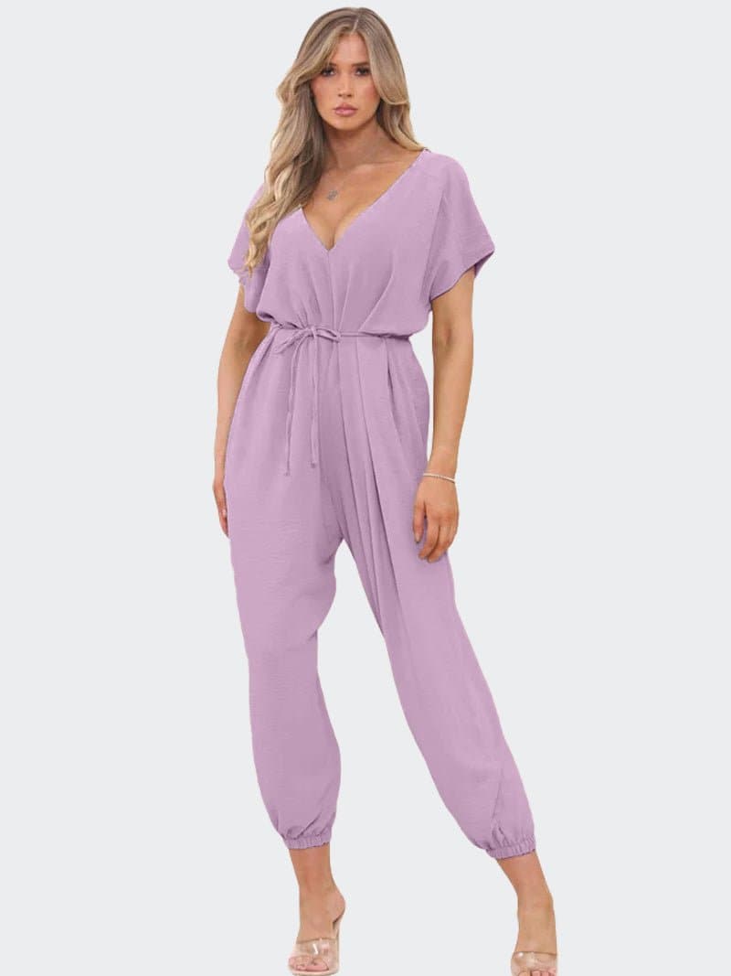 Women's V-Neck Belted Tie Harem Leg Jumpsuit - Remzs Fashion