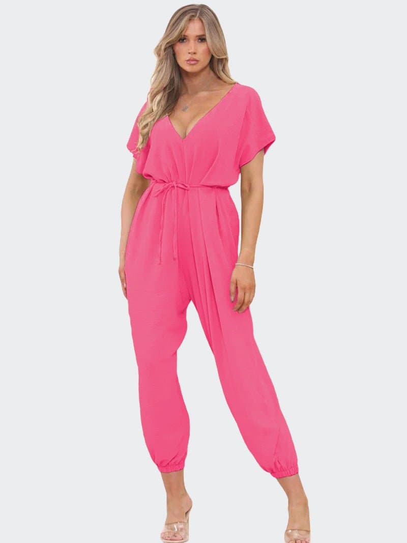 Women's V-Neck Belted Tie Harem Leg Jumpsuit - Remzs Fashion