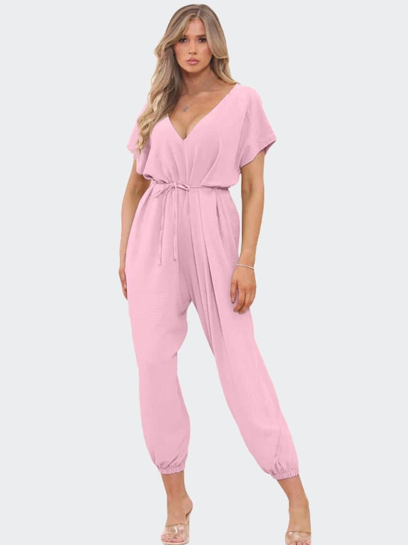 Women's V-Neck Belted Tie Harem Leg Jumpsuit - Remzs Fashion