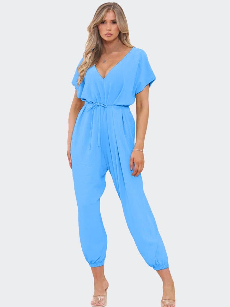 Women's V-Neck Belted Tie Harem Leg Jumpsuit - Remzs Fashion