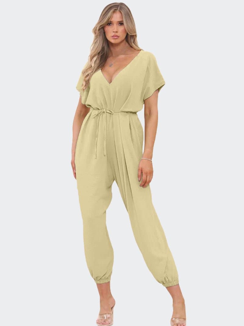 Women's V-Neck Belted Tie Harem Leg Jumpsuit - Remzs Fashion