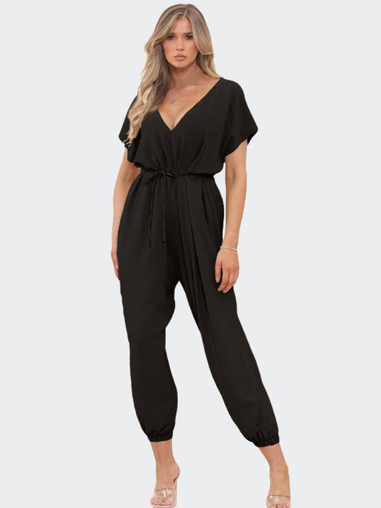 Women's V-Neck Belted Tie Harem Leg Jumpsuit - Remzs Fashion