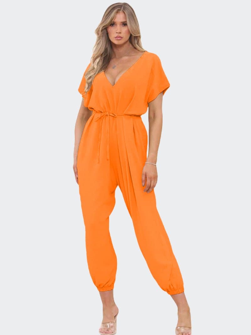 Women's V-Neck Belted Tie Harem Leg Jumpsuit - Remzs Fashion