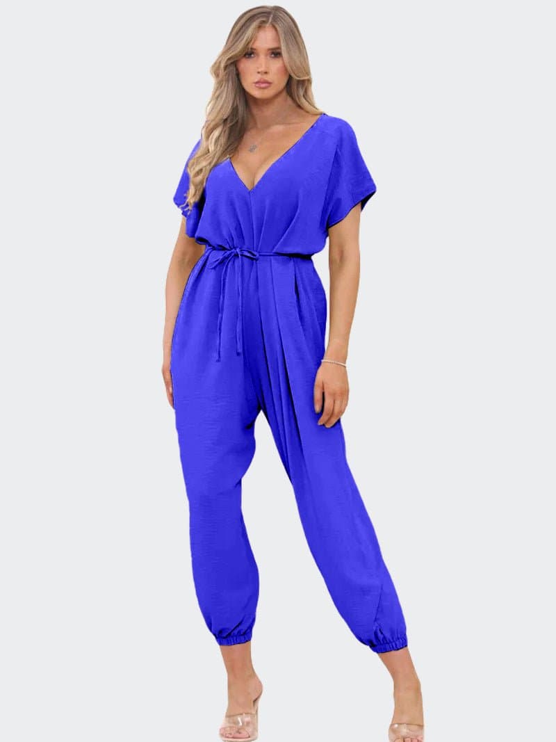 Women's V-Neck Belted Tie Harem Leg Jumpsuit - Remzs Fashion