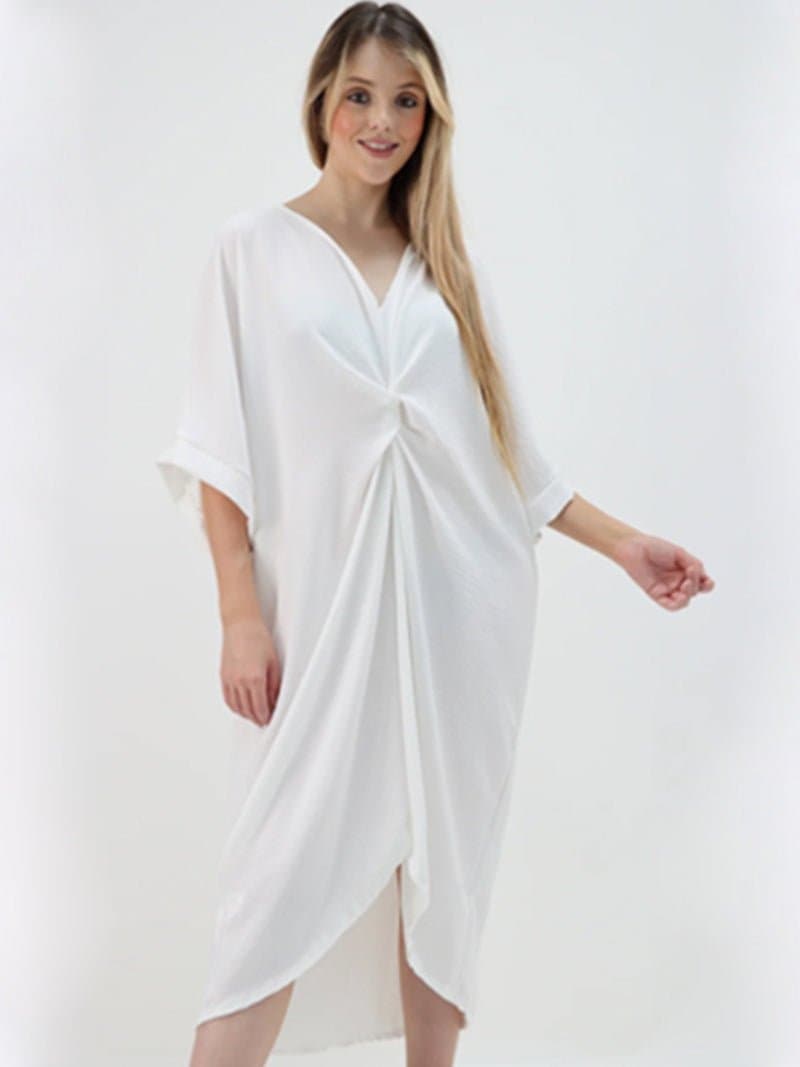 Womens V-Neck Knot Twist Front Oversized Longline Summer Smock Dress - Remzs Fashion