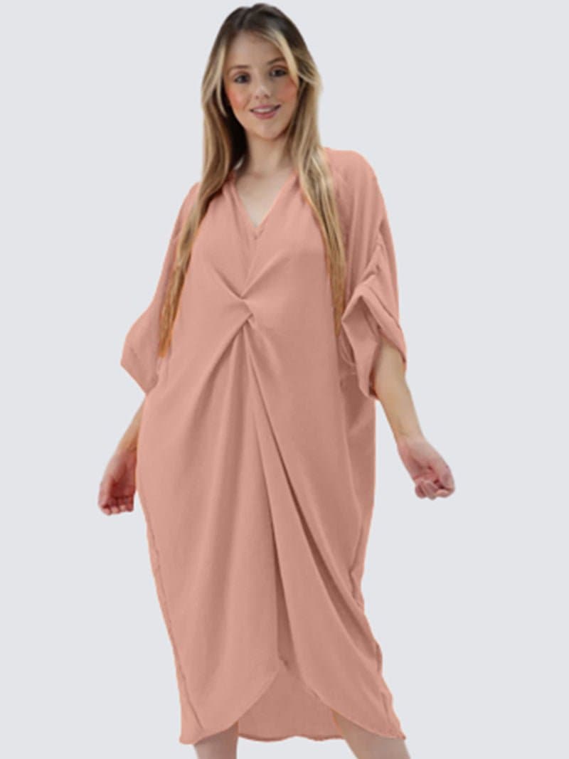 Womens V-Neck Knot Twist Front Oversized Longline Summer Smock Dress - Remzs Fashion