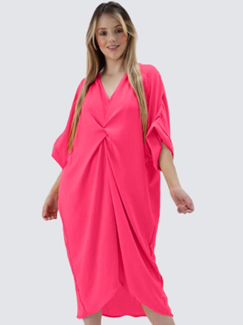 Womens V-Neck Knot Twist Front Oversized Longline Summer Smock Dress - Remzs Fashion