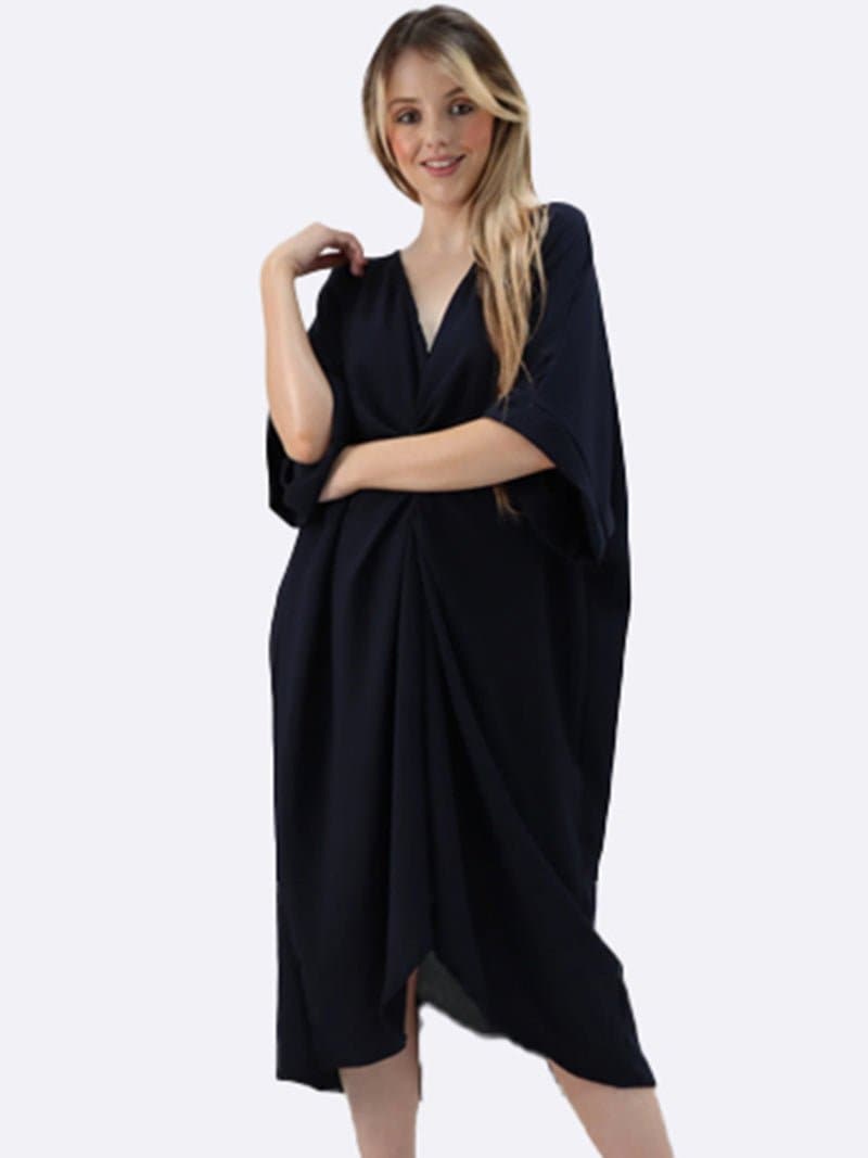 Womens V-Neck Knot Twist Front Oversized Longline Summer Smock Dress - Remzs Fashion