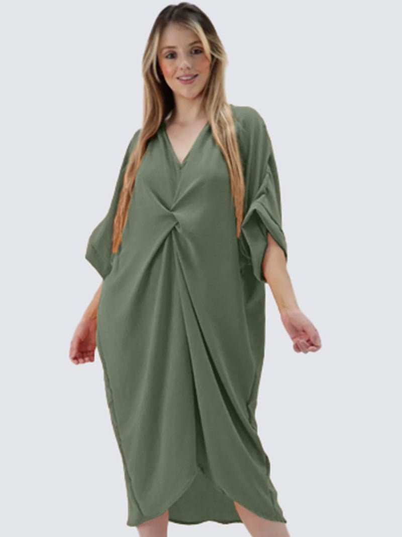 Womens V-Neck Knot Twist Front Oversized Longline Summer Smock Dress - Remzs Fashion