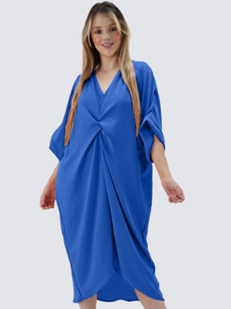 Womens V-Neck Knot Twist Front Oversized Longline Summer Smock Dress - Remzs Fashion