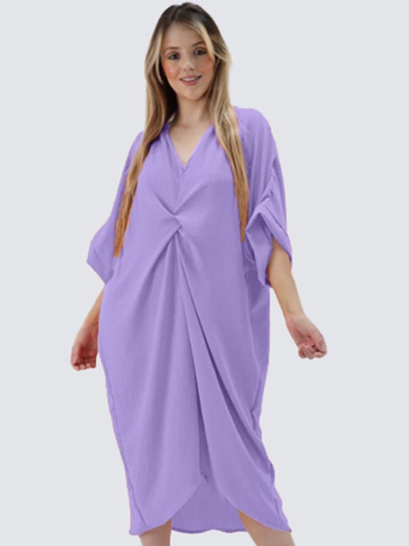 Womens V-Neck Knot Twist Front Oversized Longline Summer Smock Dress - Remzs Fashion