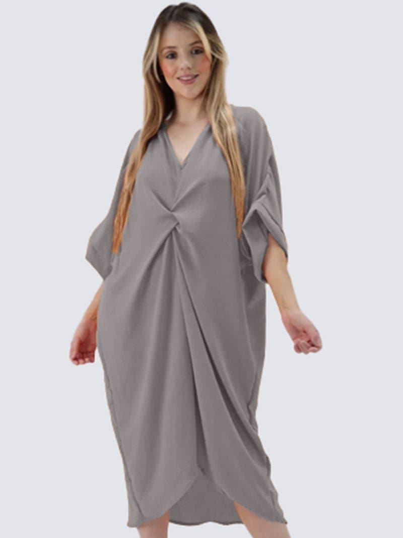 Womens V-Neck Knot Twist Front Oversized Longline Summer Smock Dress - Remzs Fashion