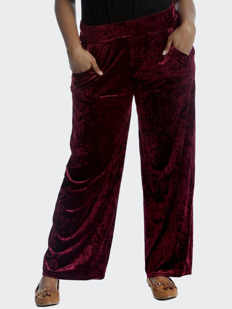 Womens Velvet Wide Flared Leg Pocket Palazzo Trouser - Remzs Fashion