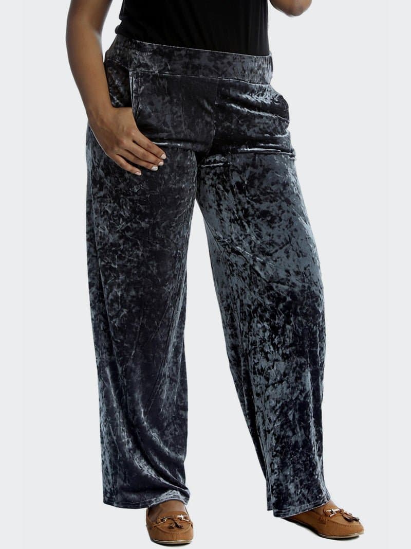 Womens Velvet Wide Flared Leg Pocket Palazzo Trouser - Remzs Fashion