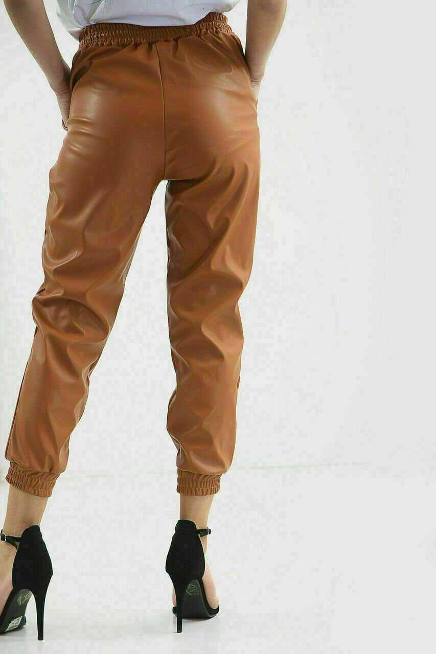 Women's Wet Look PU PVC Shiny Faux Leather Look Tie Up Pant Trouser Joggers S-L - Remzs Fashion