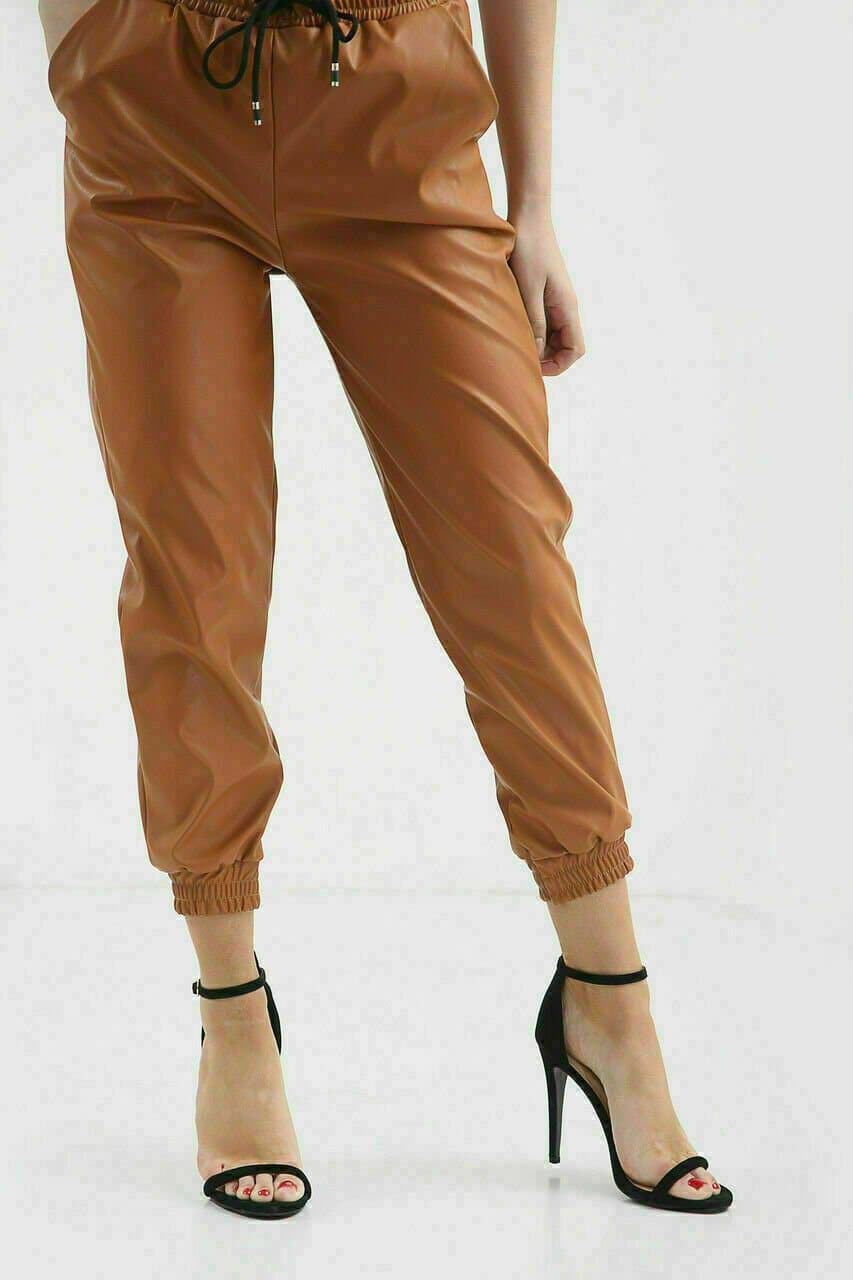 Women's Wet Look PU PVC Shiny Faux Leather Look Tie Up Pant Trouser Joggers S-L - Remzs Fashion