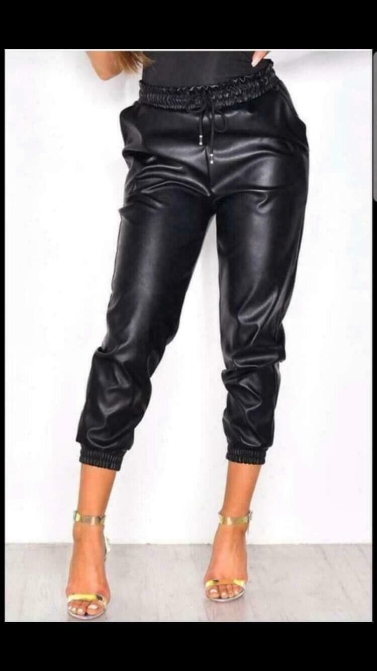 Women's Wet Look PU PVC Shiny Faux Leather Look Tie Up Pant Trouser Joggers S-L - Remzs Fashion