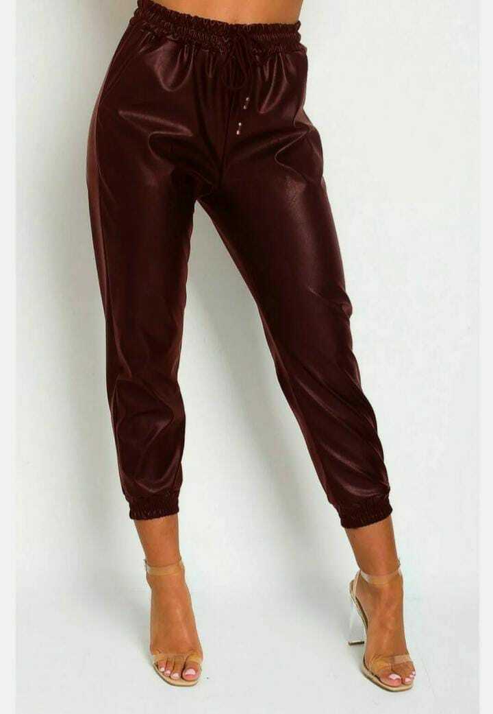 Women's Wet Look PU PVC Shiny Faux Leather Look Tie Up Pant Trouser Joggers S-L - Remzs Fashion